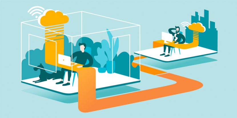 3D Technical Illustration explaining how cloud computing enhancing our ability to work anywhere. Isometric layout explaining the principle of remote work in the office through the cloud